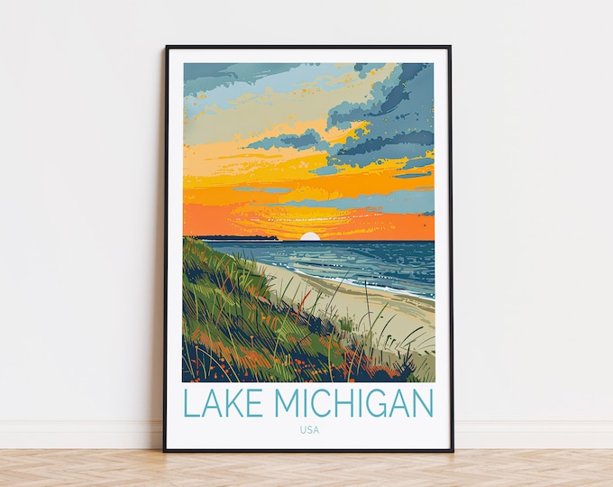 Lake Michigan Print, USA Lake Michigan Wall Art Decor, USA Sunset Poster, Lake Michigan USA Travel Poster, Birthday Gift, Home Decor