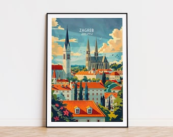 May include: A colorful illustration of the Zagreb Cathedral in Croatia. The cathedral is depicted in a vintage style with a bright blue sky and green trees. The text "Zagreb, Croatia" is printed in white on a red banner.