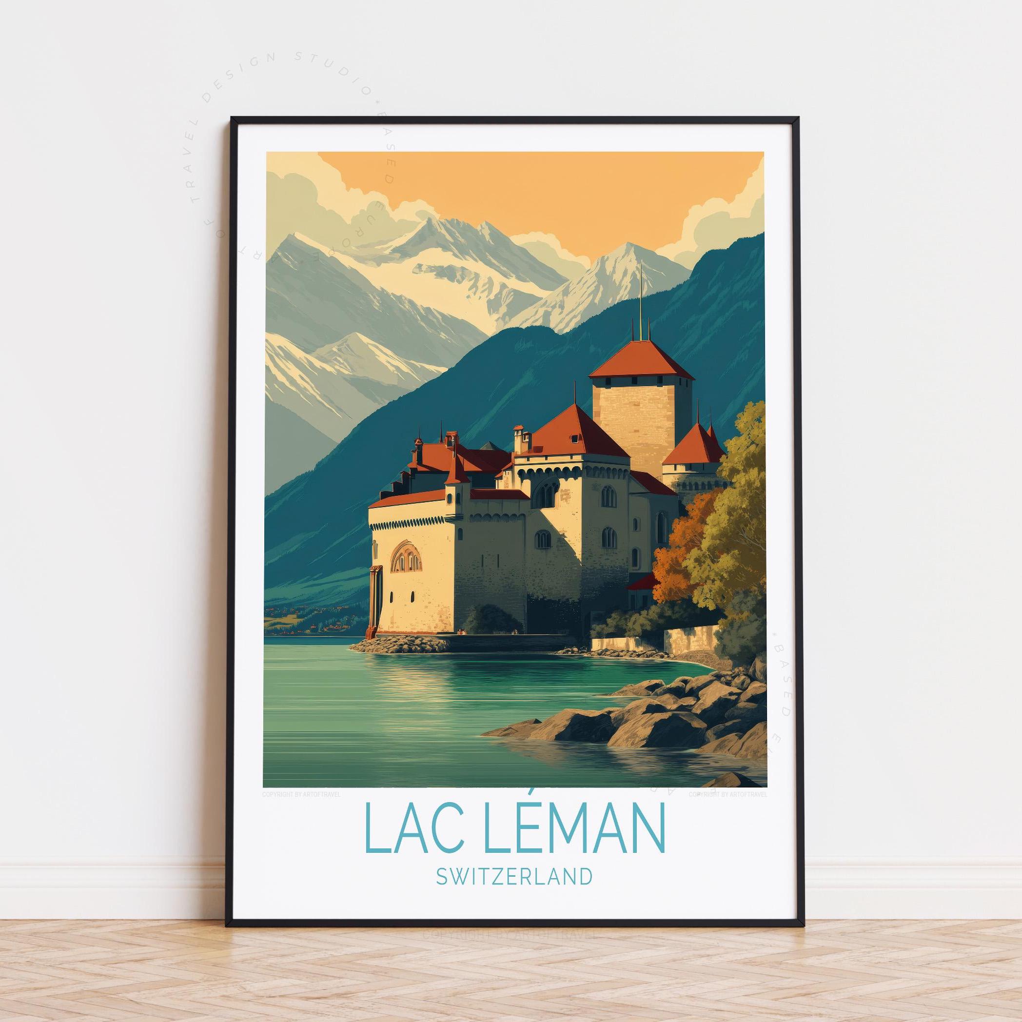 Lac Léman Europe Travel Poster, Switzerland Wall Art, Lac Léman