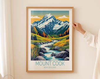 マウントクック旅行ポスター、ニュージーランドの壁アート、マウント