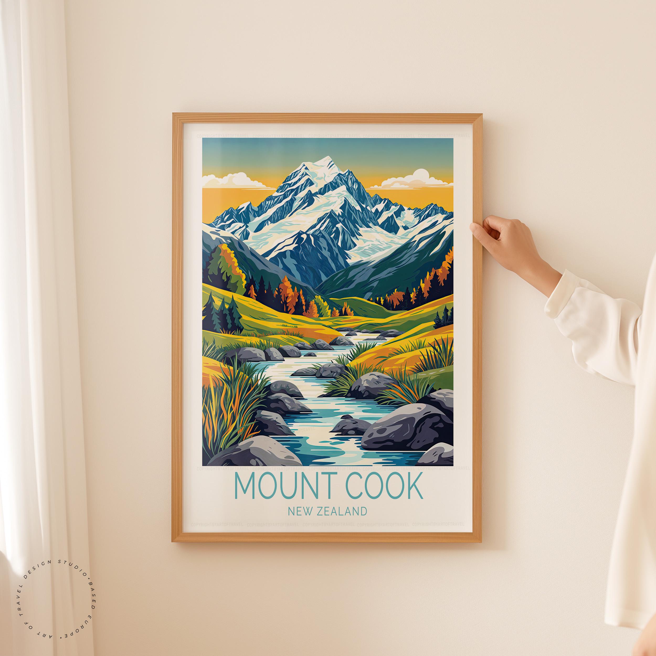 マウントクック旅行ポスター、ニュージーランドの壁アート、マウント