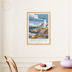 May include: A vintage-style illustration of a lighthouse on a rocky coastline with the text "NOVA SCOTIA CANADA". The illustration is in a light blue, green, and orange color palette.