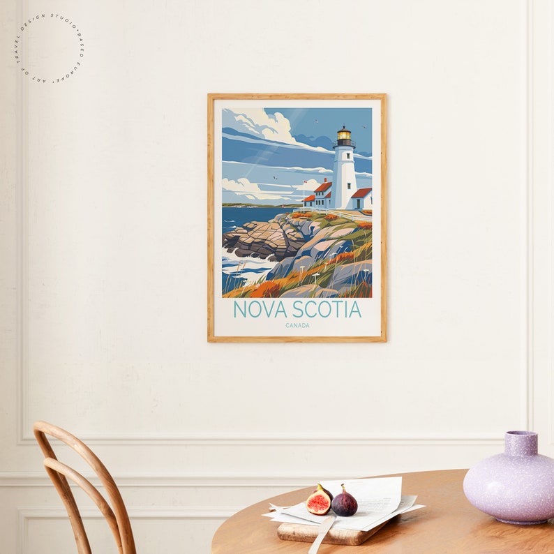 May include: A vintage-style illustration of a lighthouse on a rocky coastline with the text "NOVA SCOTIA CANADA". The illustration is in a light blue, green, and orange color palette.