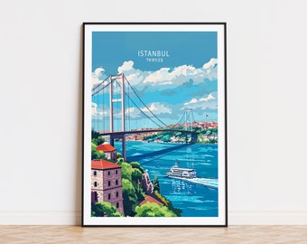 May include: A colorful illustration of the Bosphorus Bridge in Istanbul, Turkey. The bridge is a suspension bridge with a white deck and blue cables. The water below the bridge is a bright blue, and there are buildings and trees on the shore. The text "ISTANBUL" and "TÜRKİYE" is printed in the top center of the image.