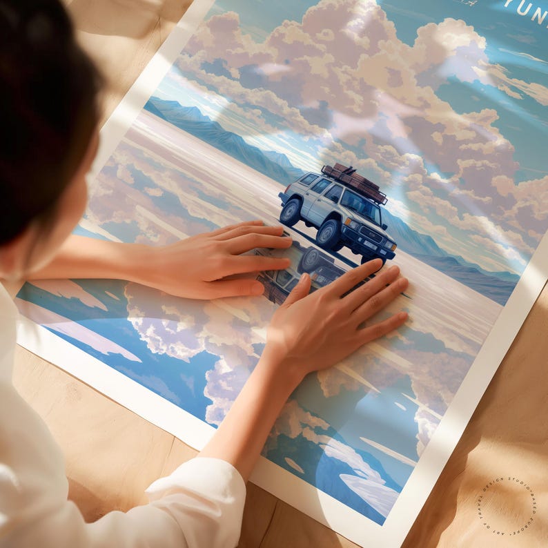 May include: A white poster with a blue sky and white clouds. A white car with a roof rack is driving on a white surface. The car is reflected in the surface, creating a surreal effect.