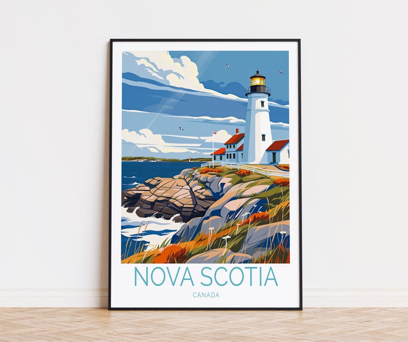 May include: A poster featuring a white lighthouse with a red roof on a rocky coastline. The sky is blue with white clouds. The text "NOVA SCOTIA CANADA" is at the bottom of the poster.