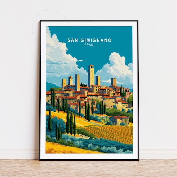 画家Silvio Di Volo イタリア　絵サイズ30x40額サイズ60x49 San Gimignano Italy Travel Poster, Italy Wall Art, San Gimignano
