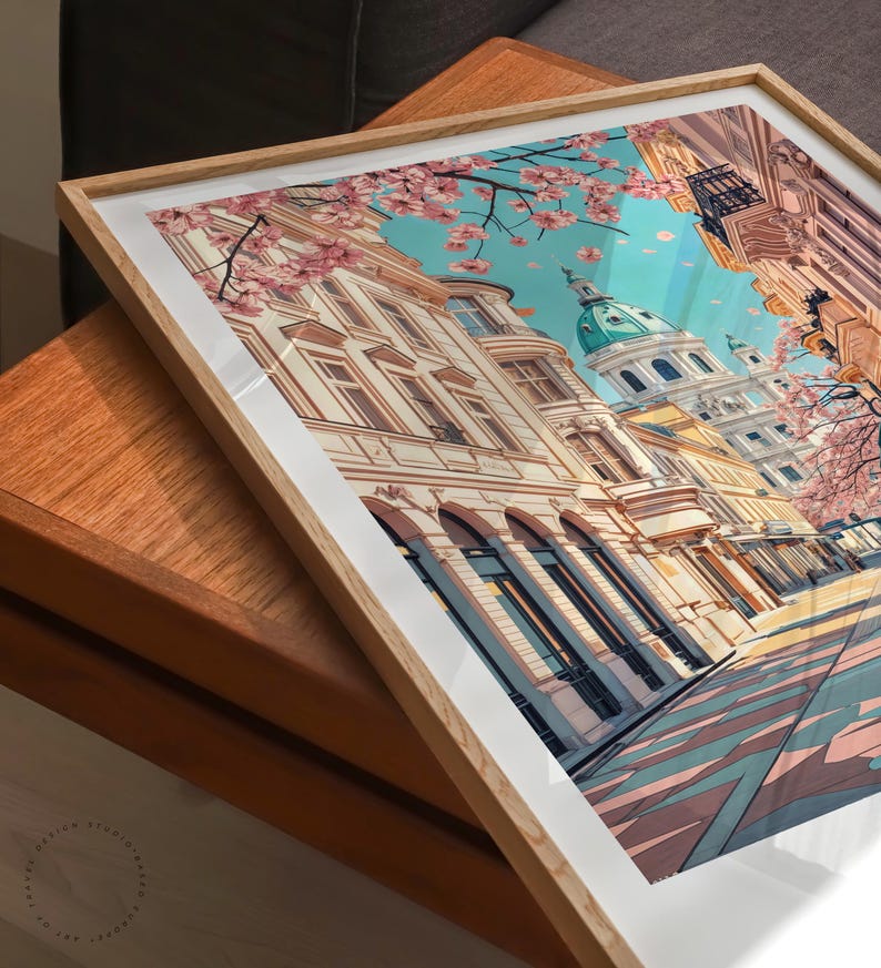 May include: A framed art print depicting a stylized cityscape with buildings and cherry blossoms. The artwork has a light wood frame and a white mount. The buildings are beige and white, with a blue sky and pink blossoms.