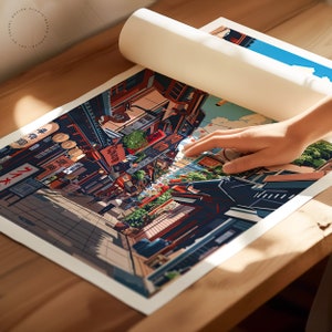 Op de afbeelding: Een kleurrijke illustratie van een drukke straat sc&egrave;ne in Japan. De afbeelding toont een smalle straat die is omzoomd met winkels en gebouwen, met mensen die lopen en winkelen. De gebouwen zijn versierd met traditionele Japanse lantaarns en borden, en de straat is gevuld met een levendige sfeer.