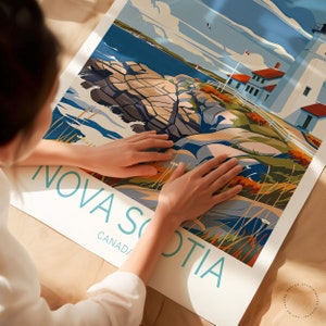 May include: A colorful illustration of a lighthouse on a rocky coastline with the text "NOVA SCOTIA CANADA" in blue and white lettering.