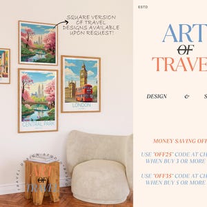 Peut inclure: Quatre impressions d'art de voyage encadr&eacute;es sur un mur blanc. Les impressions repr&eacute;sentent des sc&egrave;nes de Londres, Central Park et Aveiro. Le texte "ART OF TRAVEL" est affich&eacute; sur le mur. Les impressions sont dans des cadres en bois.
