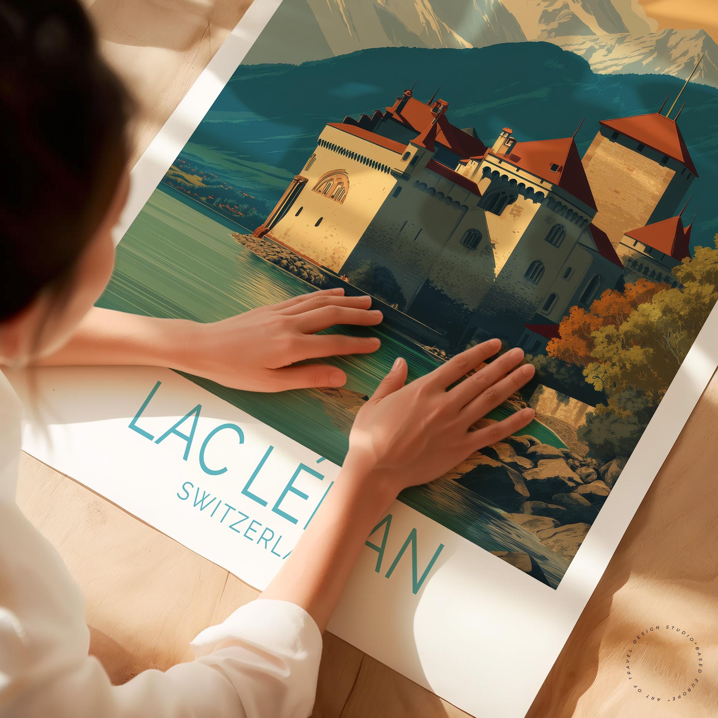 Lac Léman Europe Travel Poster, Switzerland Wall Art, Lac Léman