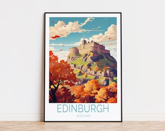 May include: A vintage travel poster featuring a colorful illustration of Edinburgh Castle in Scotland. The castle is perched on a hilltop with autumn foliage in the foreground. The text "EDINBURGH SCOTLAND" is printed at the bottom of the poster.