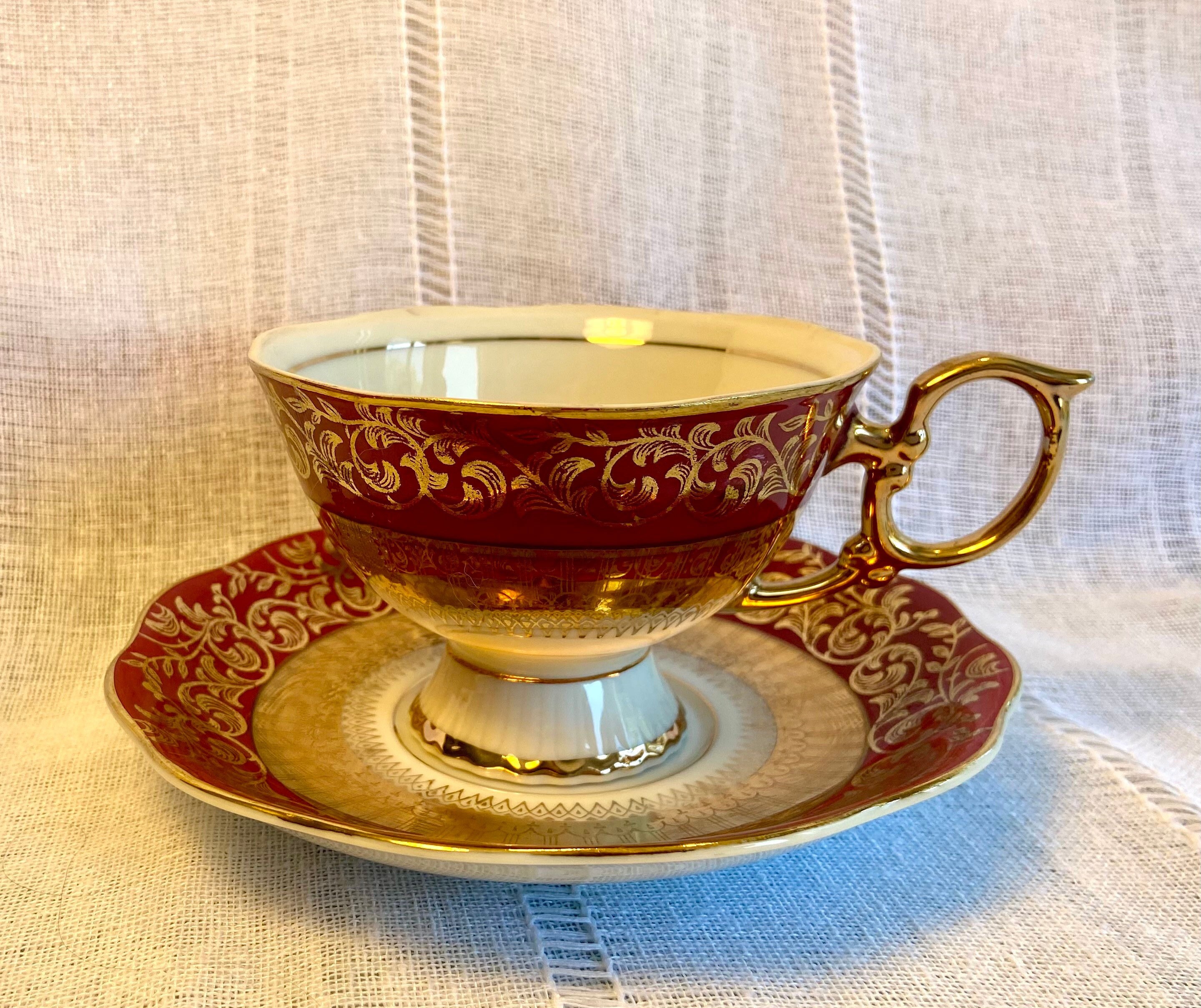 超格安一点 Teacup Footed Red Deep Shafford Set Set Cup Tea Lusterware 工芸品