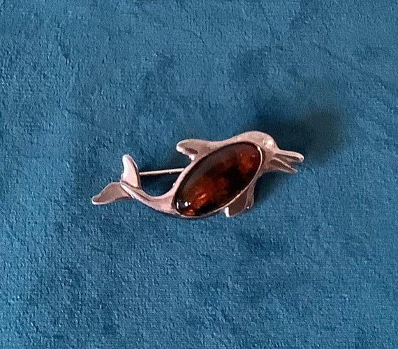 Vintage Sterling Silver and Amber Dolphin Brooch - image 1