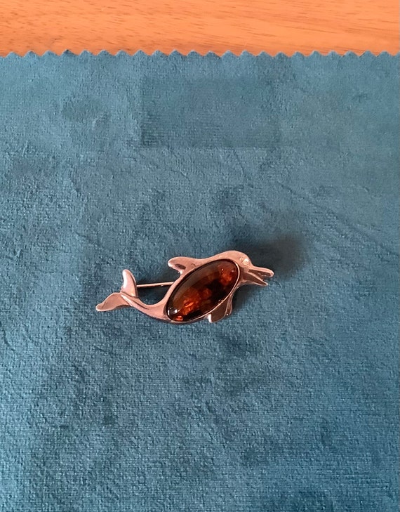 Vintage Sterling Silver and Amber Dolphin Brooch - image 9