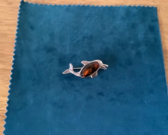 Vintage Sterling Silver and Amber Dolphin Brooch - image 5