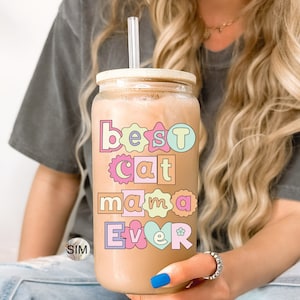 Archivo PNG de mamá gata, cartas de rescate para la mejor mamá gata del día de la madre PNG, taza de café helado para el día de la madre PNG, descarga PNG digital, UV DtF PnG