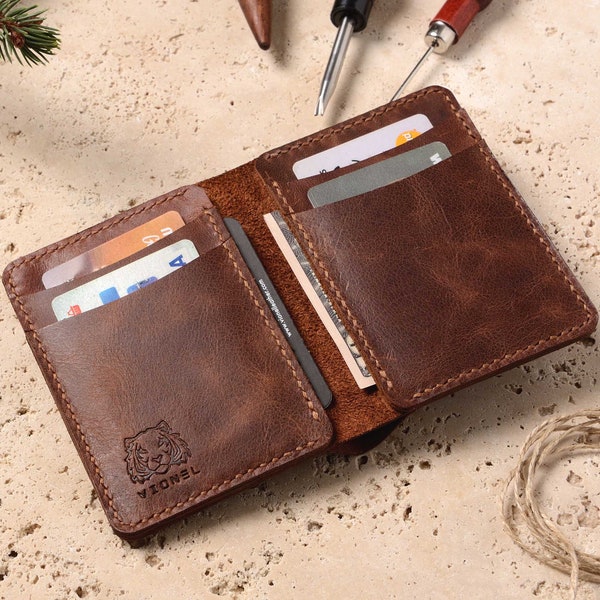 Personalized Leather Bifold Mens Wallet / Handmade Minimalist Custom Engraved Leather Wallet / Gift for Him