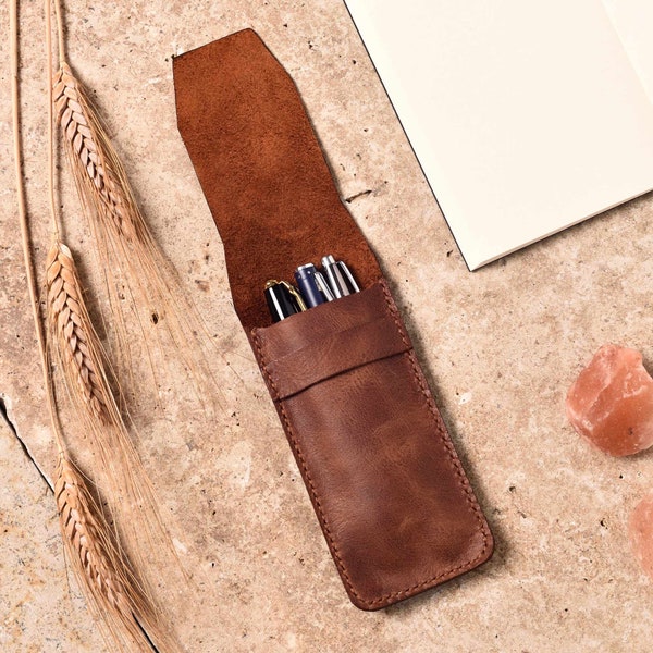 Handmade Personalized LEATHER PEN CASE, Leather Pencil Case, Fountain Pen Holder, Hand-sewn Leather Pen Holder, Pen Sleeve