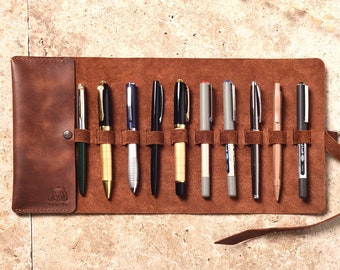 Handmade Personalized  Roll-up Leather Pen Case, Fountain Pen Case, Leather Pencil Pouch