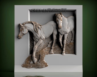 Two Horses, 3d STL Model for CNC Router, Artcam, Vetric, Engraver, Relief, Carving, Cut 3D, 10300