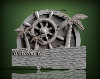 Welcome Wheel and Palm Trees, 3d STL Model for CNC Router, Artcam, Vetric, Engraver, Relief, Carving, Cut 3D, 10342
