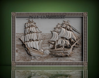 Ships Between The Waves, 3d STL Model for CNC Router, Artcam, Vetric, Engraver, Relief, Carving, Cut 3D, 6624