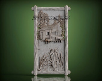 Log Frame Cabin Scene, 3d STL Model for CNC Router, Artcam, Vetric, Engraver, Relief, Carving, Cut 3D, 2769