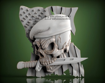 Skull Flag Knife, 3d STL Model for CNC Router, Artcam, Vetric, Engraver, Relief, Carving, Cut 3D, 10009