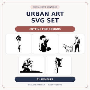 Peut inclure: Un ensemble de téléchargement numérique intitulé Urban Art SVG Set et Cutting File Designs. Il présente cinq illustrations en silhouette noire, dont une fille avec des ballons, un rat avec un parapluie, une personne promenant un chien, un photographe et un singe.