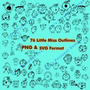 77 Little Miss Outlines SVG/PNG Bundle + Mr Men Font: Charming Designs