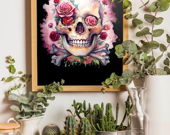 Art numérique vibrant de têtes de mort et de roses - PNG haute résolution - parfait pour les POD, les affiches, les t-shirts ou plus