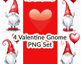 Aquarelle nain tenant un ballon coeur PNG haute résolution pour sublimation, POD et impression à domicile Saint-Valentin téléchargement numérique
