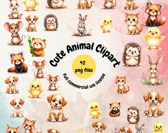 Lot de cliparts animaux mignons – 42 fichiers PNG | Clipart haute résolution à usage commercial pour travaux manuels et créations