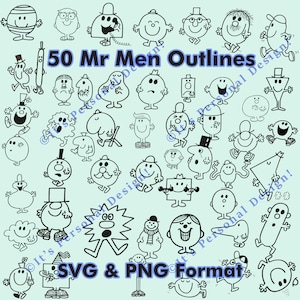 50 Mr Men Outlines (B&W) with Mr Men Font: Charming Character Designs