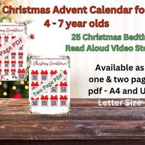 以下が含まれることがあります： 4歳から7歳のお子様向けの印刷可能なクリスマスアドベントカレンダー2つ。各カレンダーには、クリスマスの就寝前の物語へのリンクが記載されたQRコードが25個あります。1つのカレンダーは1ページ、もう1つは2ページです。どちらもUSレターサイズとA4サイズでご利用いただけます。