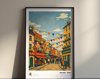 Póster de la calle comercial de Galway, Serie Patrimonio de Galway, Ilustración arquitectónica vibrante, Lámina de arte de viajes por Irlanda, Decoración irlandesa colorida