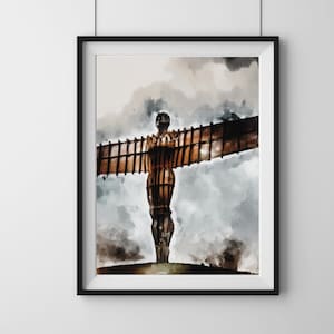 May include: A watercolour painting of the Angel of the North sculpture in Gateshead, England. The sculpture is a large, winged figure made of steel, and it is set against a backdrop of cloudy skies.
