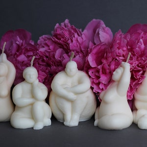 Charming obese women sitting in the splits and other poses practising yoga, hand-poured beeswax/soy waх candle, gift for her, home decor