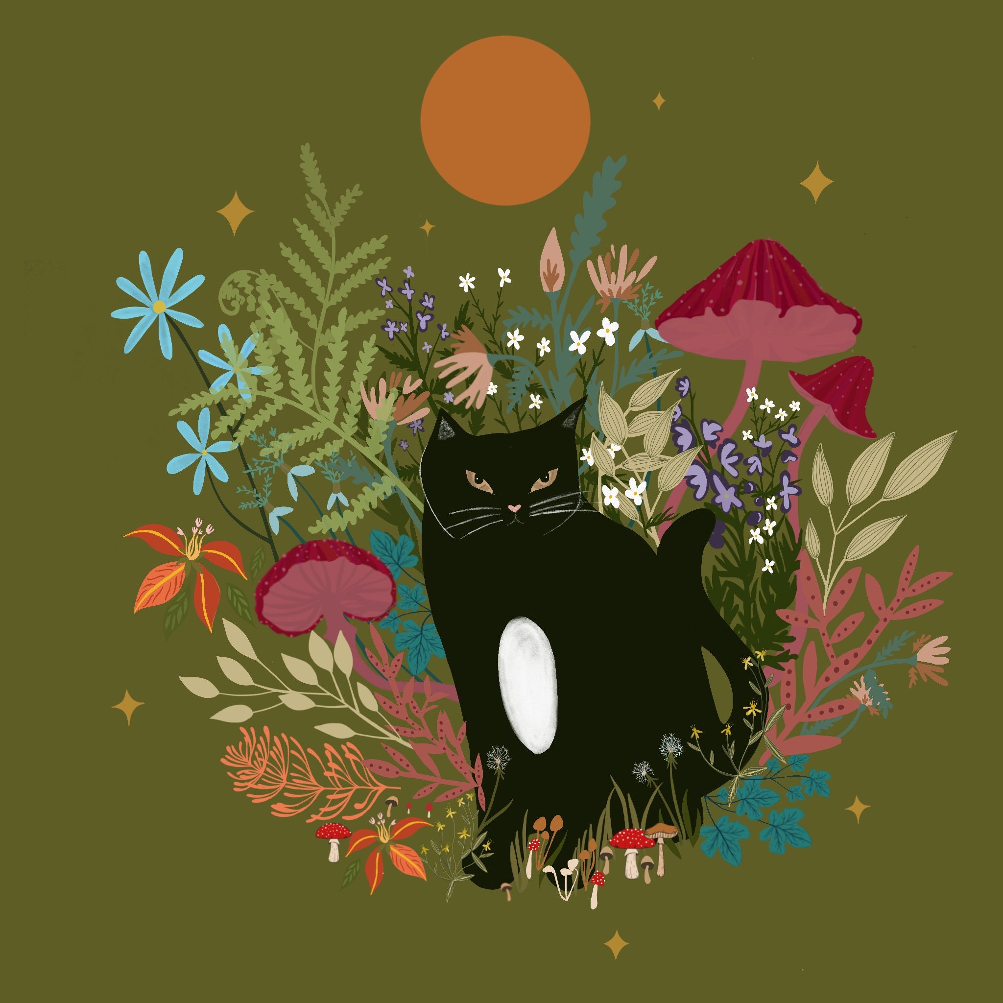 Psychedelic Mushroom Cat - Halloween Wiccan Witchy - Art Print- Home ...