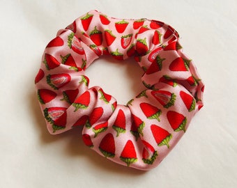 Luxury Grade A Mulberry Silk UK Handmade Scrunchies, strawberry printed, Anti frizz hair tie, curly hair, statement accessories, satin, gift