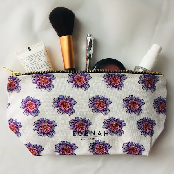 UNIQUE UK Made, Hand Drawn, Purple Flower Printed Cosmetic Bag, Makeup Bag, Floral Print Pouch, Women Gift, Travel Accessory, Hand Made