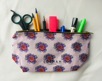 Handmade Purple Floral Cosmetic Bag, UK Made Cotton Makeup Pouch