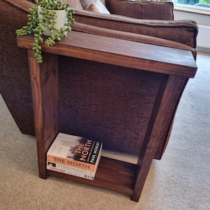 May include: A dark brown wooden side table with a single shelf. The table has a plant in a white pot on the top shelf and two books on the bottom shelf. The books are titled "The North" by Paul Morley and "Gypsy Boy" by Mikey Walsh.