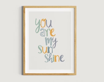 Children's room pictures boy girl, You are my Sunshine, children's saying boho wall decoration boy's room, sun green colorful letters, girl's room