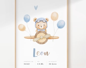 Personalized Birth Poster Bear Airplane, Blue Baby Boy Gift, Birth Announcement Board with Birth Details, Name, Nursery Wall Art, Christening Boho