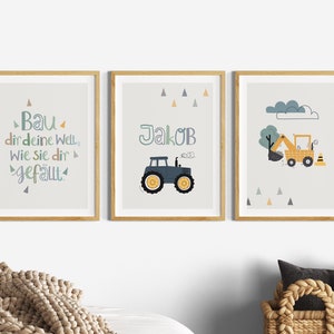 Bilder Kinderzimmer Junge Traktor, Kinderzimmerdeko Poster Set Bagger, Wanddeko Name, Kinder Sprüche, Deko Baby, Baustelle Bauernhof, Grün Grau