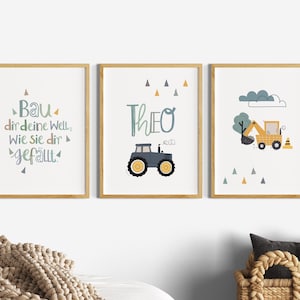 Bilder Kinderzimmer Junge Traktor, Kinderzimmerdeko Poster Set Bagger, Wanddeko Name, Kinder Sprüche, Deko Baby, Baustelle Bauernhof, Grün Weiß