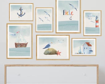 Boys' bedroom pictures, nautical wall decor, sea-themed children's room decor, name poster set for boys' room, blue, gallery wall, coastal poster set with anchors